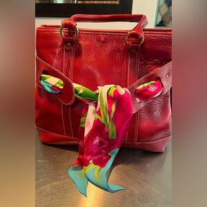 Maggie Wilson Red Leather Large Shoulder Bag Purse Scarf Woven Through RARE